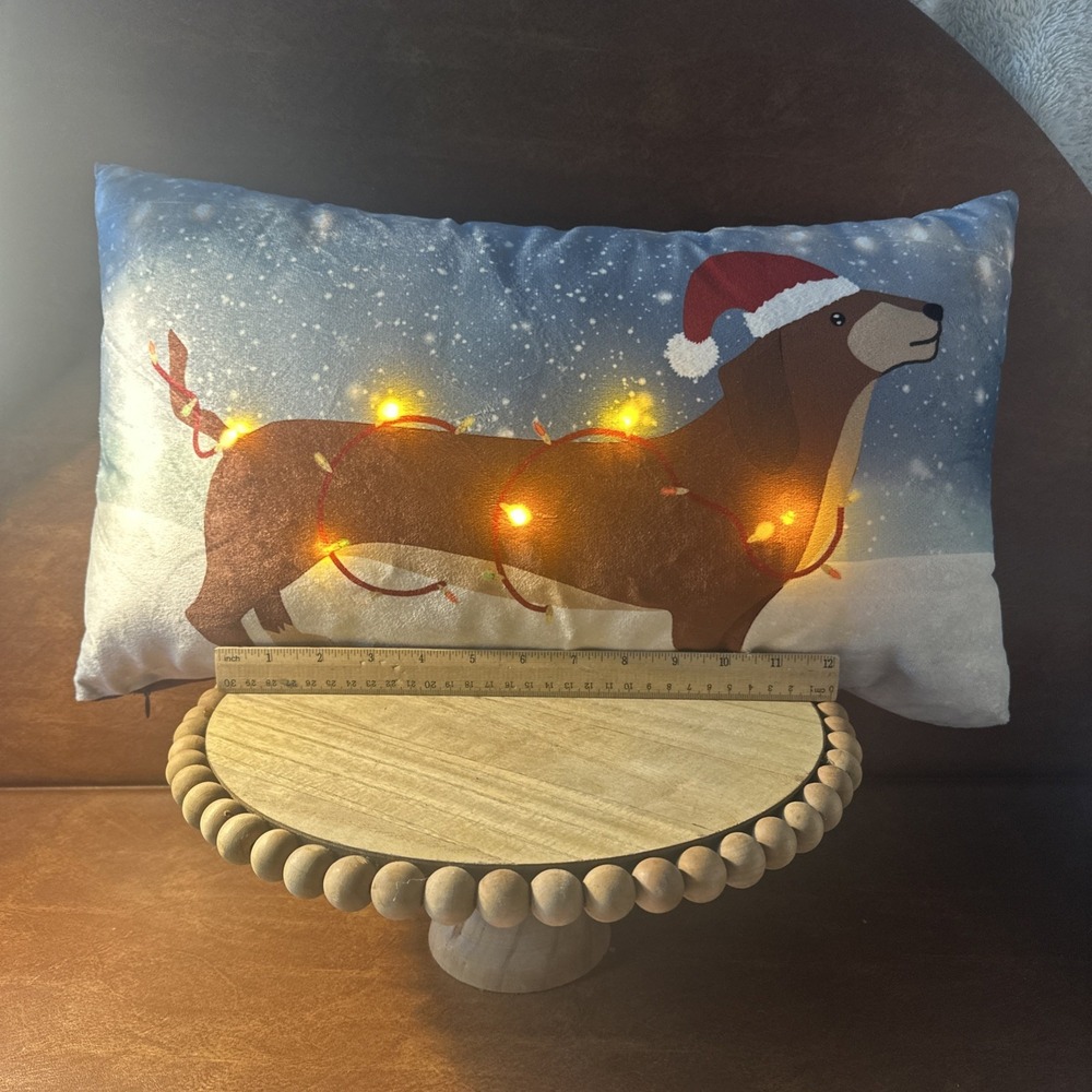 MINA VICTORY LIGHT UP Dachshund Holiday Dog Throw Pillow, Light Blue Multicolor
